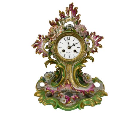 Henry Marc of Paris - early 19th century 8-day French mantle clock c1820, in a porcelain rocaille scroll design case encruste