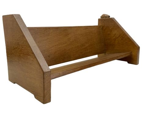 Rabbitman - oak book trough, triangular end supports, carved with rabbit signature, by Peter Heap, Wetwang Dimensions: Length