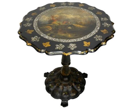 Victorian black lacquered papier-mâché occasional table, the shaped tilt-top decorated with painted landscape scene within a 
