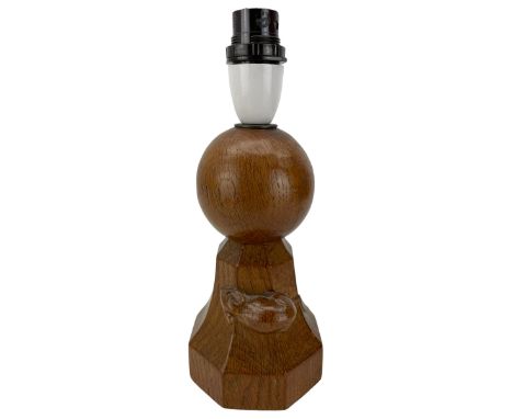 Mouseman - oak table lamp, spherical form on splayed octagonal foot carved with mouse signature, together with shade, by the 