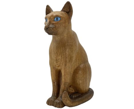 Mouseman - carved oak figure of a seated Siamese cat, with light blue coloured eyes, carved with mouse signature between legs