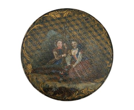 19th century papier mache circular snuff box, the cover painted with a young couple against cross-hatched and scroll gilt gro