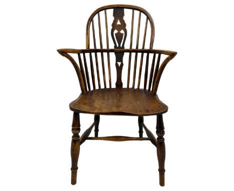 19th century elm Windsor chair, double hoop stick back with pierced splat, dished seat raised on turned supports joined by sw