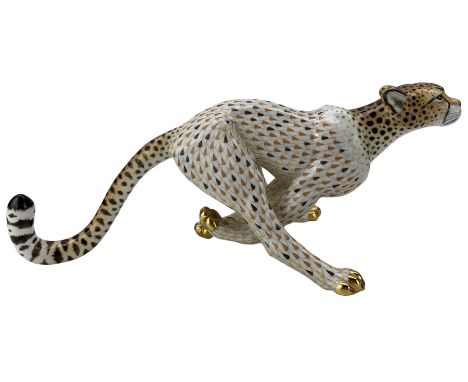 Herend model of a large running Cheetah, the body painted in a butterscotch and black fishnet scale pattern, inscribed no. 15