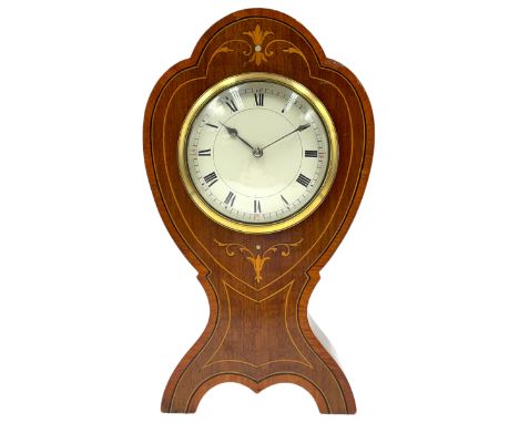 French - Edwardian Art-Nouveau 8-day bedside table clock with satinwood and ebony inlay, enamel dial with Roman numerals, min
