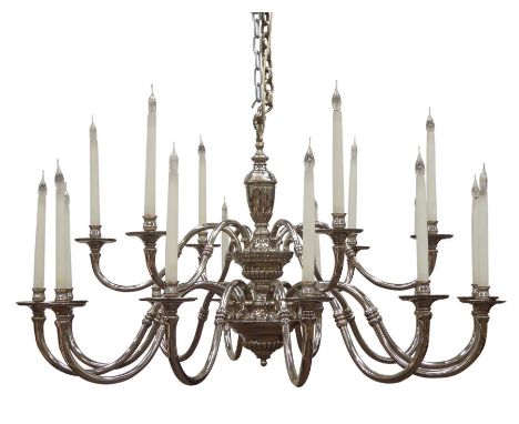 Lampart Italy - Large late 20th century Italian silver plated chandelier, two tier lobe moulded stem, eighteen scrolled branc