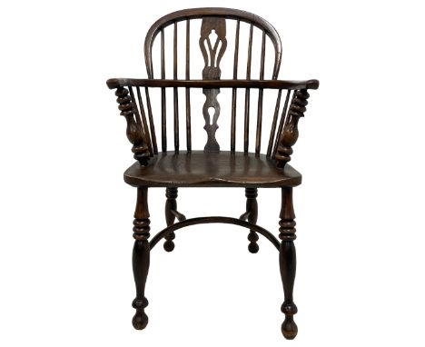 19th century elm and oak Windsor chair, low hoop stick back with pierced splat, dished seat raised on ring turned supports jo