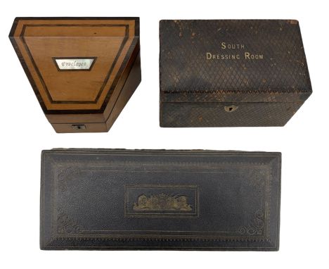 Victorian brown leather correspondence box, the hinged sloping cover inscribed in gilt 'South Dressing Room', covered in tool
