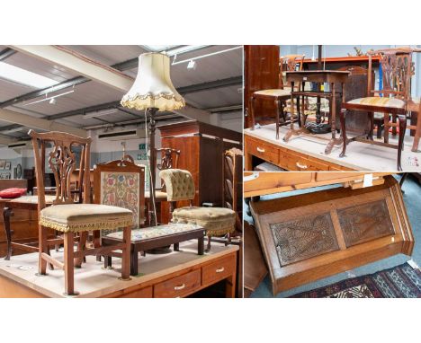 A Group of Furniture: three similar Georgian style side chairs, a Victorian buttoned nursing chair, a standard lamp, a carved
