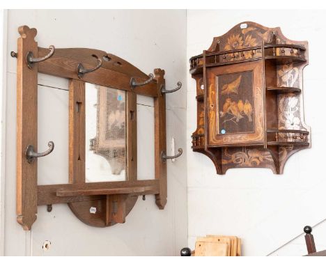 An Arts and Crafts Oak Mirrored Wall-Mounted Coat Rack and A Poker Work Wall Shelf (2)Arts and Crafts rack - 80cm by 60cm
