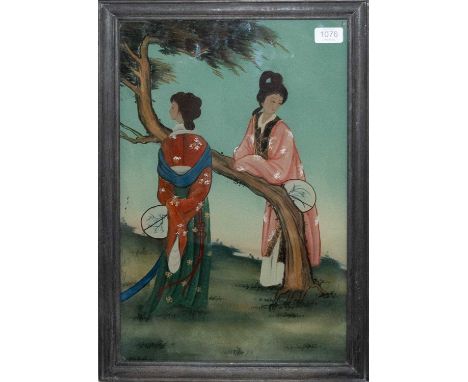A Chinese Reverse Painting on Glass, depicting two ladies at rest in a garden