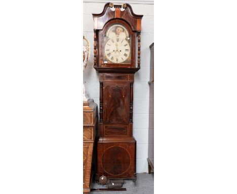 A Mahogany Eight Day Painted Dial Longcase Clock, signed Edward Radford, Hanley, circa 1820, swan neck pediment, inlaid case,