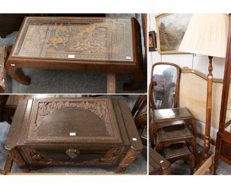 20th Century Chinese Furniture, comprising: a carved camphor wood lined chest, 94cm by 49cm by 49cm, a matching coffee and ne