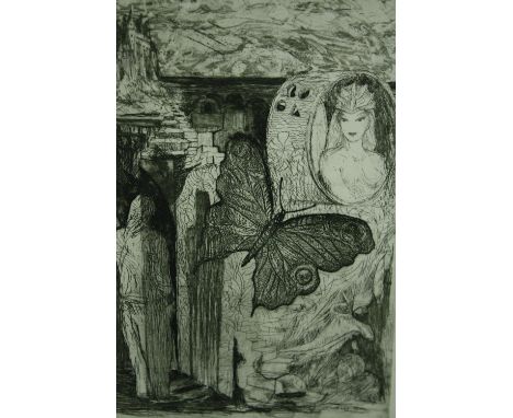 An etching, 'Novella', a fantasy landscape with figures and a butterfly, numbered and signed in pencil, Herman, together with