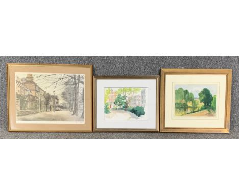A signed limited edition lithograph, street view along with two signed watercolours, both indistinctly signed. H.54 W.69cm (l