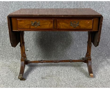 A 19th century style burr walnut sofa table. H.51 W.62 (108 extended) D.41cm