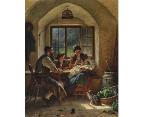 Rudolf Epp1834 Eberbach (Baden) - 1910 MünchenFamilienglückJunge Bauernfamilie mit dem Neugeborenen in der Stube. L. u. signi
