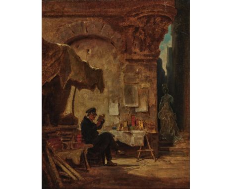 Carl Spitzweg1808 München - 1885 ebendaDer AntiquarRücks. Nachlass-Stempel. Öl auf Papier auf Lwd. 29,5 x 23,3 cm. Rest. Min.
