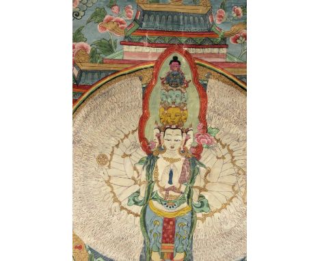 First third of 20th century Tibetan tankaTanka tibetano, 1er tercio siglo XX. Con imagen de Avalokiteshvara, gouache sobre pa