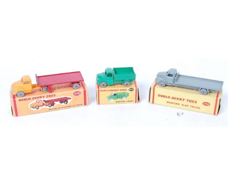 Three Dublo Dinky toys - 064 Austin lorry, grey smooth wheels (E)(B repro), 066 Bedford flat truck (E)(BE), 072 Bedford artic