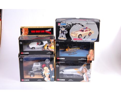 Five various boxed Corgi modern release James Bond 007 diecast to include Diamonds are Forever Moon Buggy, Moonraker space sh
