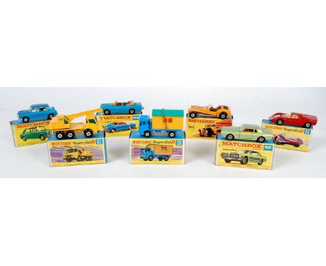 7 various boxed Matchbox Superfast diecast to include No. 62 Mercury Cougar, No. 60 Office site truck, No. 63 Dodge crane tru