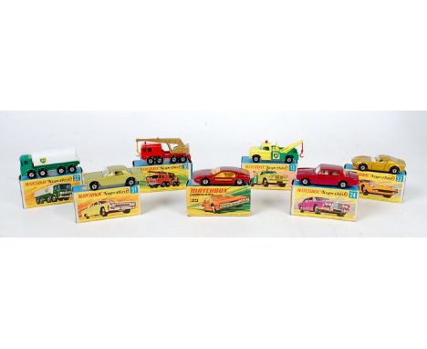 7 various boxed Matchbox Superfast diecast to include No. 32 Leyland petrol tanker, No. 31 Lincoln Continental, No. 13 Dodge 