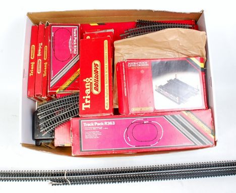 Large tray and some long lengths Triang and Triang Hornby track including points, curves, straights and two level crossings