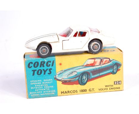 Corgi Toys No. 324 Marcos 1800GT with Volvo engine, white body with green racing stripes, red interior, and detailed cast hub