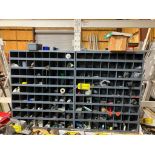 (2) Butcherblock Benches, (2) Hardware Storage Shelving Units w/ Contents, (2) Chrome Racks w/ Fuses