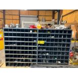 (2) Butcherblock Benches, (2) Hardware Storage Shelving Units w/ Contents, (2) Chrome Racks w/ Fuses