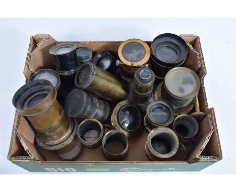 EIGHTEEN VINTAGE FIELD CAMERA LENSES of various sizes and fitting mostly brass bodied but no makers marks apparent apart from