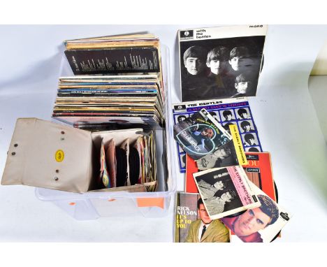 A TRAY CONTAINING OVER ONE HUNDRED AND TEN LPs, SINGLES AND CDs including With The Beatles cover containing Beatles For Sale 