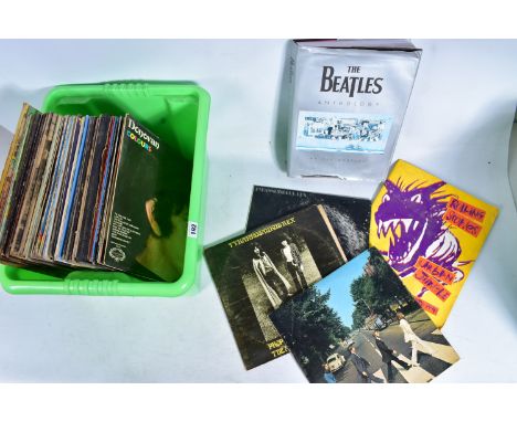 A TRAY CONTAINING APPROX FIFTY LPs , BOOKS AND PROGRAMMES including Abbey Road and Anthology by The Beatles, The Eternal Fire