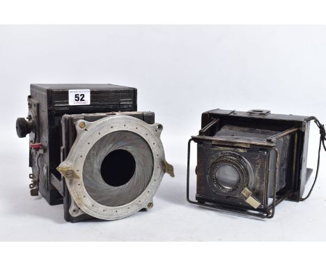 TWO VINTAGE FOLDING PLATE CAMERA, one possibly a Thornton Pickard with unusual iris fitted but no lens 3 3/8 x 2 3/8in plate 