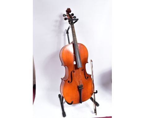 A BOOSEY AND HAWKES BH400 CELLO 122cm high ( no bridge) a JHS Cello stand and an unnamed bow with ebony frog and mother of pe