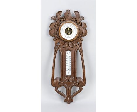 Jugendstil-Wandbarometer mit Thermometer um 1900, Nussbaum floral geschnitzt, H. 49 cm