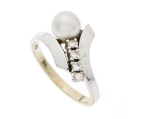 Akoyaperlen-Diamant-Ring WG 585/000 mit einer weißen Akoyaperle 6,3 mm und 4 Achtkant-Diamanten, zus. 0,08 ct W/VS-SI, RG 54,