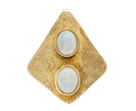 Opal-Schildanhänger GG 585/000 mattiert, mit 2 ovalen Milchopal-Cabochons 6,4 x 5,2 -3,3 mm mit gutem Farbenspiel, L. 25 mm, 