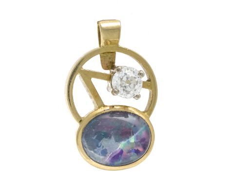 Opal-Altschliff-Diamant-Anhänger GG 585/000 mit einer ovalen Opal-Triplette 10 x 8 mm, Farbenspiel fehlt partiell und einem A