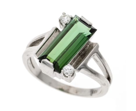 Turmalin-Brillant-Ring WG 585/000 mit einem fac. Turmalin-Baguette 12 x 5,5 mm in einem leicht blaustichigen Grün, Augenrein 