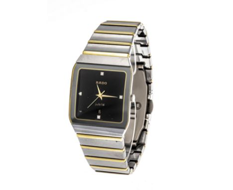RADO Jubile` Herrenquarzuhr, Titan Ceramic, Ref. 152.0366.3 um 2000, schwarzes Zifferblatt mit 4 Diamanten, Datum an 6 Uhr, v