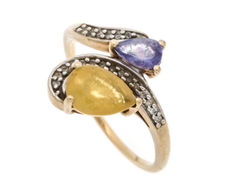 Tansanit-Opal-Ring GG/WG 375/000 mit einem fac. Tansanit-Tropfen 6,0 x 4,2 mm und einem fac. Opaltropfen 8,6 x 6,1 mm sowie r