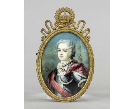 Ovale Miniatur, 19. Jh., polychrome Temperamalerei auf Bein, ungeöffnet. Der junge Friedrich II. als Kronprinz in Harnisch mi