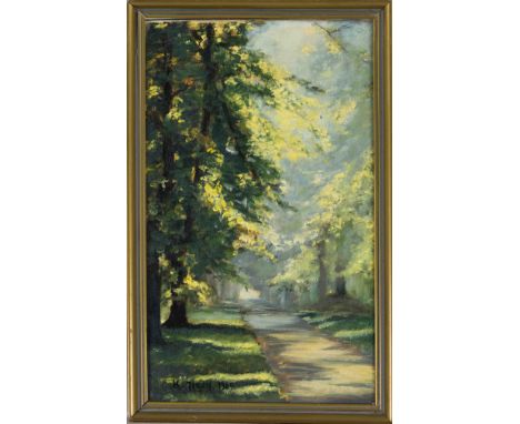 K. Jansen, 2. H. 20. Jh., sonnenbeschienene Parklandschaft, Öl auf lwd., u. li. sign. u. dat. ''K. Jansen 1969'', 30 x 18 cm,