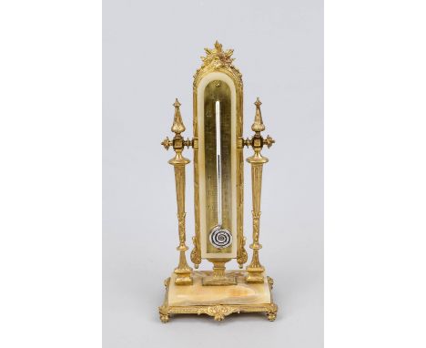 Tisch Thermometer, Ende 19. Jh., Quecksilbersäule mit Schnecke an Messingskala. Diese an einer vertikalen Onyxplatte fixiert.