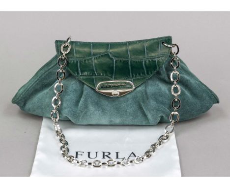 Furla, Small Vintage Suede Leather Evening Bag, tannengrünes Wildleder mit Details aus gleichfarbigem Glattleder mit Kroko-Pr