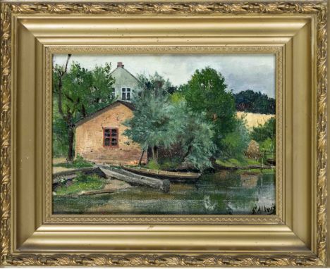 R. Alkeit, Anfang 20. Jh., Flußlandschaft mit Kähnen am Landhaus, Öl auf Lwd., u. re. sign., 21 x 28 cm, ger. 33 x 40 cm