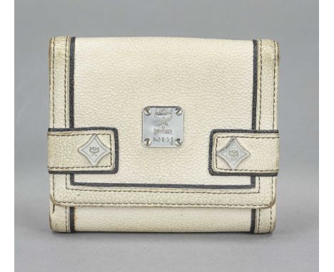 MCM, Vintage Portemonnaie, sandfarbenes genarbtes Leder mit dunkel abgesetzten Kanten, silberfarbene Hardware, Verschluss dur