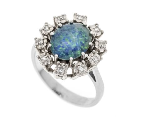 Opal-Diamant-Ring WG 585/000 mit einer ovalen Opal-Triplette 10 x 8 mm in blaugrünem Farbenspiel und 10 Achtkant-Diamanten, z